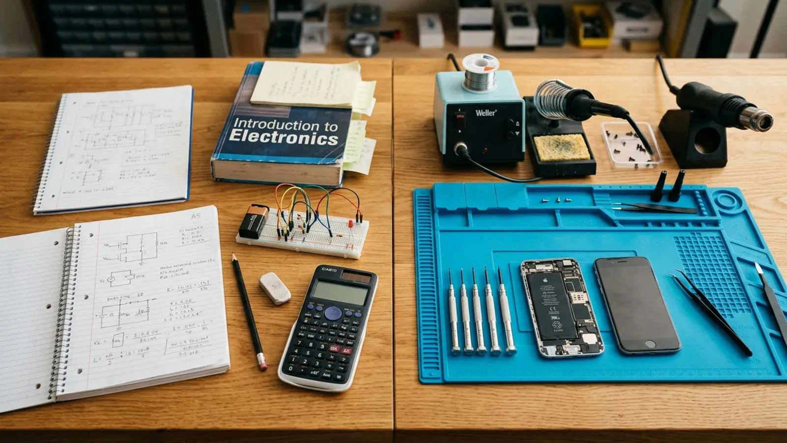 Mesa dividida con cuadernos de electrónica, libro de introducción a la electrónica y calculadora a un lado y un puesto práctico de reparación de móviles con estación de soldadura al otro