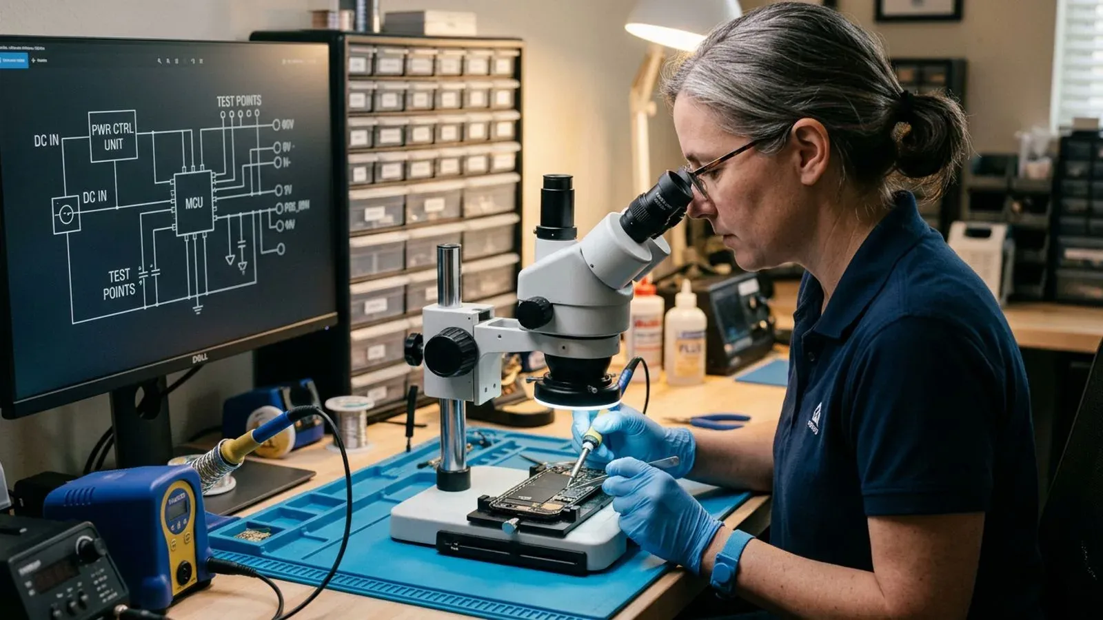 Técnica especialista en microsoldadura trabajando sobre placa base bajo microscopio con esquema eléctrico en pantalla auxiliar