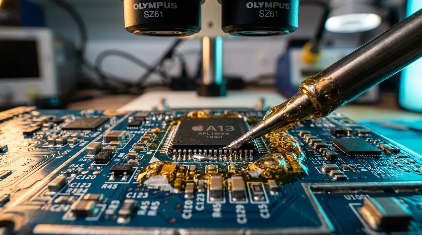 Microsoldadura sobre chip A13 de iPhone bajo microscopio