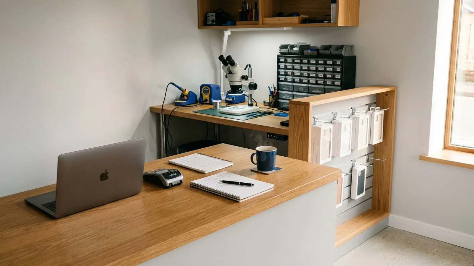 Mostrador de un servicio técnico de reparación de móviles recién abierto, con tablet de citas y zona de microscopio al fondo
