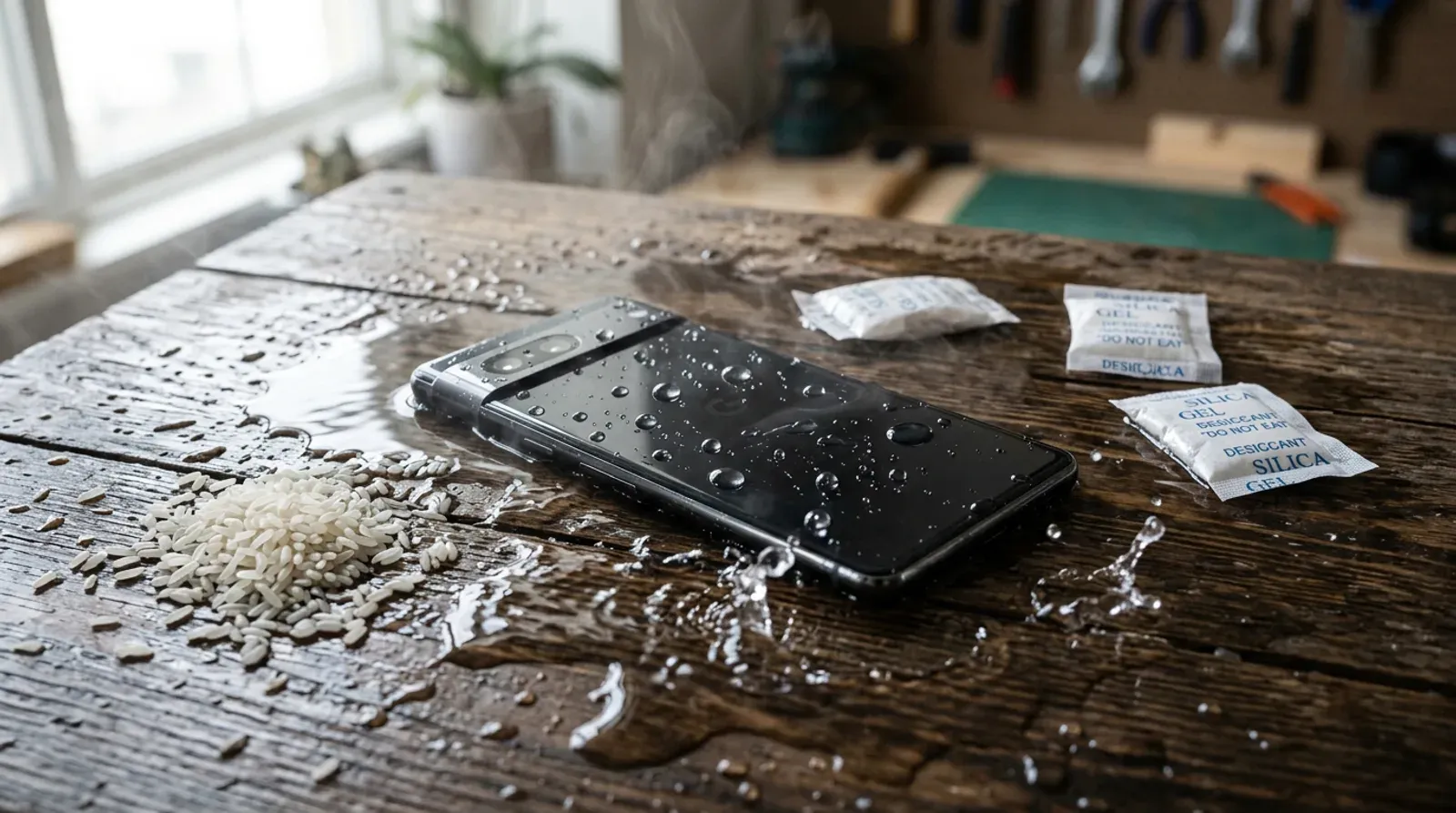 Smartphone mojado sobre mesa con gotas de agua, arroz y bolsitas de gel de sílice