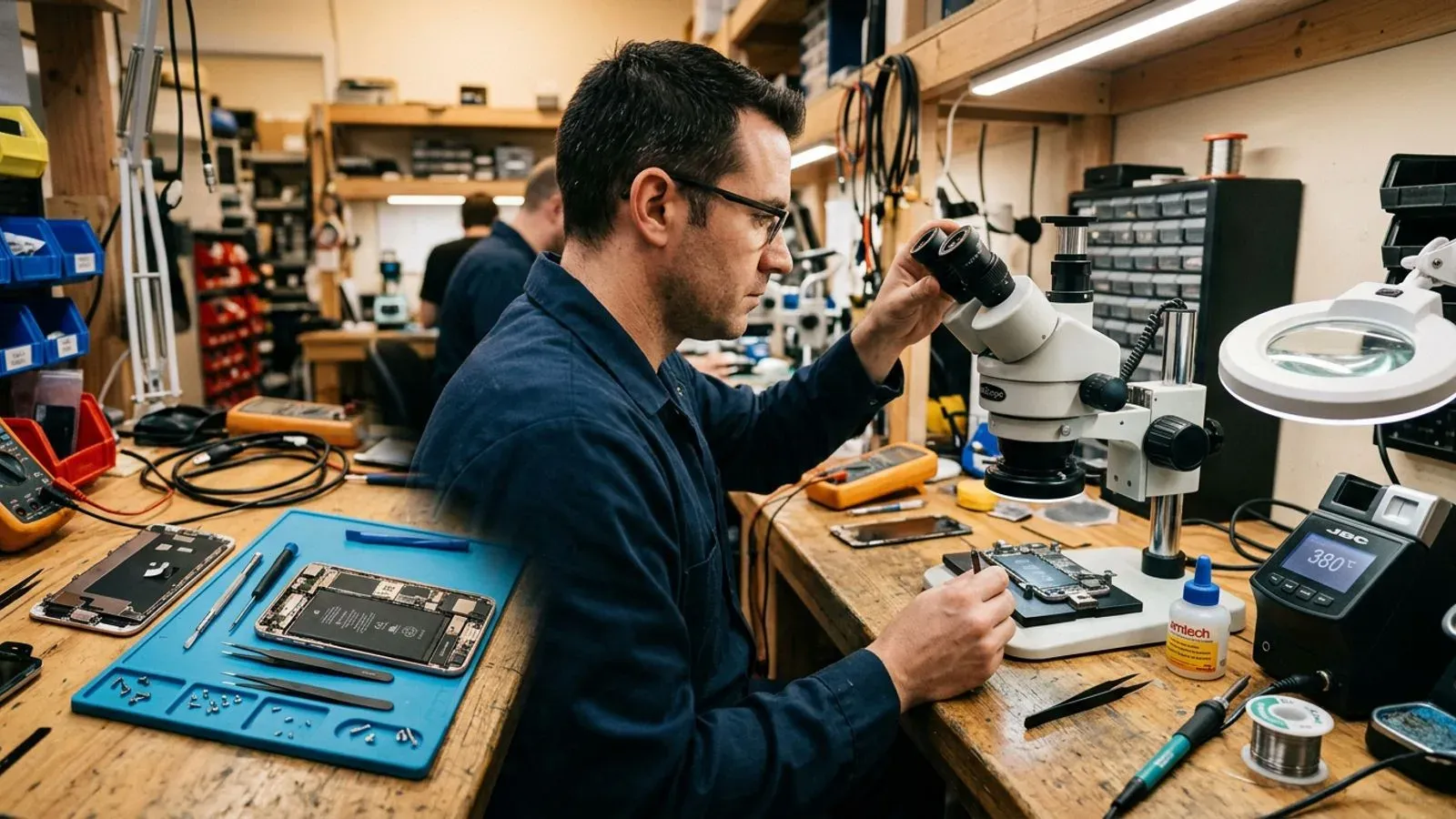 Técnico inspeccionando una placa base por microscopio junto a un smartphone desmontado, transición del nivel L1-L2 al L3 de microsoldadura