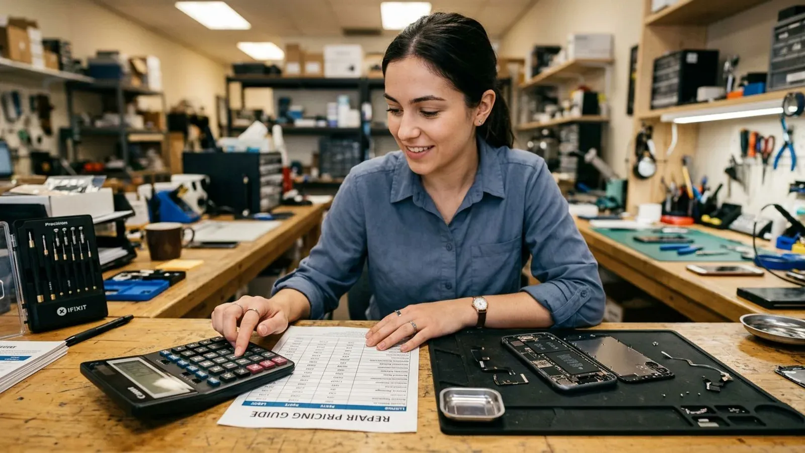Técnica de reparación de móviles calculando un presupuesto sobre el mostrador del taller, junto a un smartphone desmontado y una guía de precios
