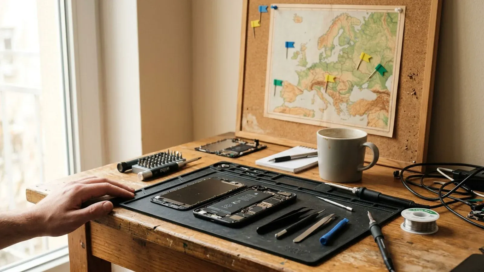 Mesa de técnico de reparación de móviles con mapa de Europa al fondo, pasaporte y dispositivos desmontados sobre la mesa